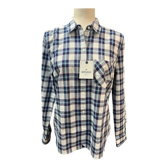UNTUCKIT Womens Sorbo Button Up Blouse~Size 6~Blue Plaid Long Sleeve NWT - Picture 1 of 11